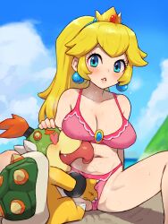 1boy 1girl age_difference bikini blonde_hair blue_eyes blue_sky bowser_jr. breasts chiwino cleavage commentary commission crown earrings fingering fingering_through_clothes heart heart-shaped_eyes hetero highres interspecies jewelry large_breasts licking licking_stomach mario_(series) nintendo onee-shota parted_lips pink_bikini pixiv_commission ponytail princess_peach sky sphere_earrings spiked_shell swimsuit through_clothes tongue tongue_out