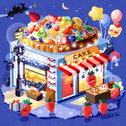 apple artist_name bag balloon berry bird blue_background blueberry box bread cake cake_slice cherry christmas christmas_ornaments christmas_tree cream crescent_moon dessert door food food_focus fork fruit gift gift_box hat holding icing issiki_toaki kiwi_(fruit) lamppost merry_christmas moon night night_sky no_humans orange_(fruit) orange_slice original paper_bag pastry raspberry sandwich santa_hat shop shopping_bag sign simple_background sky smile standing star_(sky) star_(symbol) strawberry strawberry_shortcake whipped_cream wreath