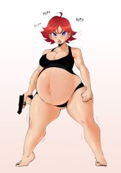 Rule 34 | 1girl, ahoge, blue eyes, breasts, female focus, full body, gun, hellbrain, highres, large breasts, meryl silverburgh, metal gear (series), metal gear solid, nail polish, no pants, pregnant, red hair, short hair, solo, sweat, thick thighs, thighs, weapon, wide hips