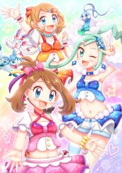3girls altaria aqua_hair armpits arms_up asymmetrical_clothes asymmetrical_legwear blue_eyes blue_skirt blush breasts brown_hair collarbone crop_top earrings gen_3_pokemon gen_4_pokemon gen_6_pokemon glaceon green_eyes hair_ornament highres idol idol_clothes jewelry lightning_ahoge lisia_(pokemon) long_hair looking_at_viewer may_(pokemon) mega_stone midriff multiple_girls navel nintendo niwatori_(syamo_chamo) official_alternate_costume official_alternate_hairstyle open_mouth pink_skirt poke_ball pokemon pokemon_(anime) pokemon_(creature) pokemon_journeys reaching reaching_towards_viewer ribbon scrunchie serena_(pokemon) skirt small_breasts smile star_(symbol) stomach sylveon v wrist_scrunchie