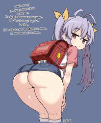 1girl absurdres age_difference antenna_hair ass ass_focus backpack bag bent_over cowboy_shot dimitri_becker english_text expressionless from_behind hair_ribbon highres huge_ass kyojiri_loli legs loli miyauchi_renge non_non_biyori pink_eyes purple_hair randoseru ribbon shirt skirt socks solo standing thick_thighs thighs twintails
