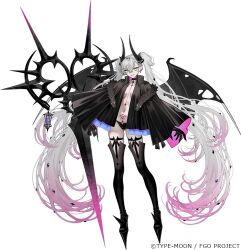 1girl black_hands black_jacket black_panties boots breasts colored_extremities demon_wings fate/grand_order fate_(series) full_body high_heels holding holding_weapon horns jacket lilith_(fate) long_hair navel nipi27 official_art panties pointy_ears pubic_tattoo scissors solo tattoo thigh_boots twintails underwear weapon white_hair wings