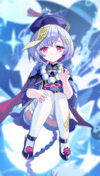 1girl absurdres bead_necklace beads black_shoes blue_hat chinese_clothes closed_mouth commentary full_body genshin_impact hand_up hat highres invisible_chair jewelry looking_at_viewer necklace ofuda ofuda_on_head purple_eyes purple_hair qingdai_guanmao qiqi_(genshin_impact) shoes sitting smile solo thighhighs white_thighhighs wuzhihuijia