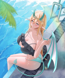 1girl absurdres aqua_bikini aqua_eyes aqua_wings bare_shoulders bikini blonde_hair blush breasts cleavage dragon_horns dragon_tail dragon_wings highres horns large_breasts ling_yi_de_lei_ke looking_at_viewer original pointy_ears pool poolside sitting solo swimsuit tail wings