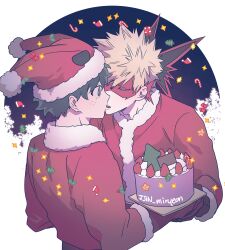 Rule 34 | 2boys, absurdres, bakugou katsuki, boku no hero academia, cake, christmas, christmas tree, coat, eyepatch, food, freckles, fruit, fur-trimmed coat, fur trim, green hair, hat, highres, imminent kiss, looking at another, male focus, midoriya izuku, misa (jjin miryeon), multiple boys, red coat, santa costume, santa hat, short hair, spiked hair, strawberry, upper body, yaoi