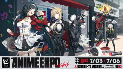 2boys 3girls anby_demara animal_ears arm_strap astra_yao asymmetrical_gloves bangboo_(zenless_zone_zero) belt billy_kid black_gloves black_hair black_pants black_thighhighs blonde_hair body_fur breasts chest_harness cleavage collared_vest commentary dress earrings english_commentary evelyn_chevalier fingerless_gloves gloves green_jacket green_sleeves grey_hair hairband harness high-waist_pants highres humanoid_robot jacket jacket_on_shoulders jewelry large_breasts long_hair miniskirt multicolored_sleeves multiple_boys multiple_girls necklace necktie official_art one_eye_closed pants pearl_necklace pleated_skirt purple_eyes red_eyes red_jacket robot shirt short_hair skirt sleeveless sleeveless_jacket sleeveless_shirt tail thigh_beads thigh_belt thigh_strap thighhighs tight_clothes tight_pants uneven_gloves vest von_lycaon white_dress white_fur white_hair white_hairband white_shirt wolf_boy wolf_ears wolf_tail yellow_necktie zenless_zone_zero zettai_ryouiki