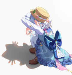 Rule 34 | 1girl, ayaka (genshin impact), blue bow, blue dress, blue hair, boots, bow, brown boots, cat shadow puppet (meme), commentary request, dress, from side, full body, genshin impact, hands up, hat, kamisato ayaka, kamisato ayaka (springbloom missive), long sleeves, meme, mikoto (0709mikoto), official alternate costume, shadow, simple background, solo, squatting, white background, white sleeves