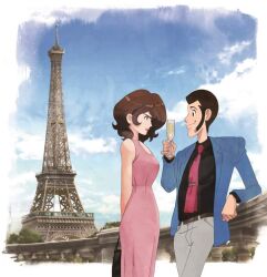 Rule 34 | 1boy, 1girl, arsene lupin iii, bare shoulders, black eyes, black hair, black shirt, blue jacket, brown hair, closed mouth, cloud, cloudy sky, commentary, cup, day, dress, drinking glass, eiffel tower, english commentary, facial hair, formal clothes, from side, holding, holding cup, jacket, lips, lipstick, long sideburns, long sleeves, looking at viewer, lupin iii, makeup, medium hair, mine fujiko, necktie, official art, open clothes, open jacket, outdoors, pink dress, red lips, red necktie, shirt, short hair, sideburns, sky, sleeveless, sleeveless dress, smile, suit, third-party source, tie clip, wine glass