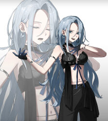 1girl :d alternate_costume armlet black_bra black_gloves black_pants black_scarf blue_eyes bra bracelet breasts choker cleavage closed_eyes commentary curtained_hair earrings english_commentary gloves grey_hair half_gloves hands_on_own_chest headset highres jewelry long_hair looking_at_viewer medium_breasts monarch_(amalee) moonie navel no_shirt official_art open_mouth pants sample_watermark scarf smile solo stomach underwear very_long_hair virtual_youtuber vshojo watermark zoom_layer