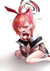 absurdres bandaid blue_archive breasts cleavage embarrassed highres jacket leotard mole mole_under_eye neru_(blue_archive) neru_(bunny)_(blue_archive) oversized_breast_cup playboy_bunny rabbit_ears small_breasts sukajan wweed