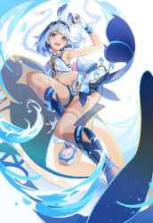 Rule 34 | 1girl, :d, absurdres, alternate eye color, bare legs, bare shoulders, blue hair, blue hairband, braid, breasts, fingerless gloves, genshin impact, gloves, hairband, haru same322, highres, light blue hair, long hair, looking at viewer, midriff, mualani (genshin impact), multicolored hair, navel, open mouth, purple eyes, simple background, small breasts, smile, solo, surfing, symbol-shaped pupils, tan, tanline, thighs