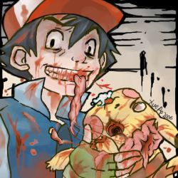 1boy 2006 ash_ketchum black_hair blood corpse crazy crazy_face eating fingerless_gloves gen_1_pokemon gloves green_gloves guro intestines lowres nintendo pikachu pokemon pokemon_(anime) pokemon_(creature) single_glove teeth xue_ao_(cyansoujiro)