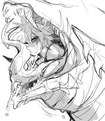 1girl bags_under_eyes dragon highres kuda_skb messy_hair monochrome monster original red_eyes saliva spot_color teeth tongue vore wet