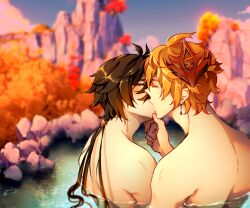 2boys ahoge autumn blush closed_eyes deviantart earrings genshin_impact grabbing_another&#039;s_chin hand_on_another&#039;s_chin jewelry kiss multiple_boys onsen outdoors single_earring tartaglia_(genshin_impact) water yaoi zhongli_(genshin_impact)