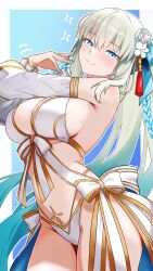 1girl absurdres bamboo_tac bare_shoulders bikini blue_eyes blush bow braid breasts cleavage commentary detached_sleeves fate/grand_order fate_(series) flower gold_trim grey_hair hair_bow hair_flower hair_ornament half_up_braid highres large_breasts long_hair looking_at_viewer morgan_le_fay_(fate) morgan_le_fay_(water_princess)_(fate) navel ponytail sidelocks smile solo stomach_tattoo swimsuit tattoo thighs very_long_hair white_bikini