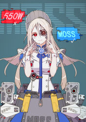 android artificial_eye blonde_hair blue_background character_name checkmark dress fingers_to_cheeks hands_up highres looking_at_viewer mechanical_eye moss_(the_wandering_earth) personification puffy_short_sleeves puffy_sleeves red_eyes short_sleeves smile the_wandering_earth white_dress x z.s.w.
