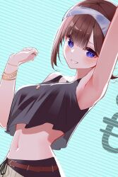 1girl absurdres arm_up armpits blue_eyes blush bracelet breasts brown_hair crop_top crop_top_overhang grin highres hololive jewelry kuronaga looking_at_viewer medium_breasts medium_hair midriff navel necklace official_alternate_costume parted_bangs smile solo tank_top tokino_sora tokino_sora_(8th_costume) upper_body