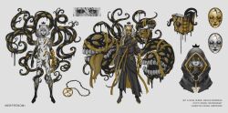 1boy absurdres artist_name black_hood book chain character_name crown eldritch_abomination english_text extra_eyes extra_mouth gold_mask grey_background high_collar highres hood indie_virtual_youtuber kintsugi mask merpperoni merpperoni_(vtuber) mistercreamy multiple_views no_genitals off_shoulder reference_sheet teeth tentacles virtual_youtuber white_hair yellow_eyes
