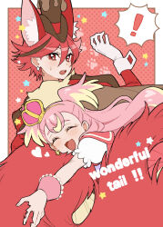 ! 2girls :d animal_ears blonde_hair border closed_eyes cure_chocolat cure_wonderful dog_ears dog_girl dog_tail earrings english_text extra_ears fluff gloves hair_between_eyes happy hat highres hug hugging_tail in-franchise_crossover inukai_komugi jewelry juliet_sleeves kenjou_akira kirakira_precure_a_la_mode light_blush long_hair long_sleeves looking_at_viewer magical_girl multicolored_hair multiple_girls open_mouth outside_border paw_print pink_hair polka_dot polka_dot_background precure puffy_short_sleeves puffy_sleeves red_background red_eyes red_hair shirako_love short_hair short_sleeves simple_background sleeve_cuffs smile star_(symbol) tail two-tone_hair two_side_up white_border white_gloves wonderful_precure! wrist_cuffs