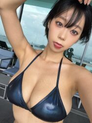 1girl aoyama_hikaru armpits bikini black_bikini black_hair breasts cleavage close-up collarbone highres japanese_(nationality) large_breasts lipstick looking_at_viewer makeup outdoors photo_(medium) real_life selfie short_hair swimsuit tongue tongue_out