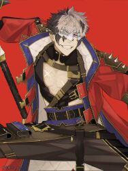 1boy artist_name belt brown_hair brown_pants chest_belt chest_harness cleavage_cutout clothing_cutout coat cowboy_shot cracked_mask crimzon_ruze ear_piercing earrings eye_mask grin hands_out_of_frame harness high_collar highres hip_vent hnzw_kun holding holding_weapon holostars holostars_english jewelry knees_out_of_frame long_coat male_focus mask multicolored_hair multiple_belts one_eye_covered open_clothes open_coat pants pectorals piercing pointy_ears purple_eyes red_coat scar scar_on_chest sharp_teeth signature smile solo spiked_pauldrons spikes spread_legs teeth toned toned_male two-tone_hair virtual_youtuber weapon