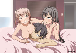 1boy 2girls ahoge artist_name bed_sheet black_eyes black_hair blue_eyes breasts charka clenched_teeth closed_mouth collarbone commentary_request elbow_rest face_to_breasts girl_on_top hair_bun hetero highres hikigaya_hachiman hug indoors light_blush long_hair looking_at_another looking_at_viewer lying medium_breasts medium_hair multiple_girls nipples nude on_bed on_stomach one_eye_closed orange_eyes orange_hair parted_lips sanpaku single_hair_bun single_side_bun teeth upper_body wince yahari_ore_no_seishun_lovecome_wa_machigatteiru. yuigahama_yui yukinoshita_yukino