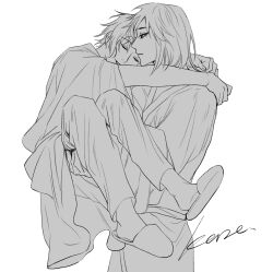 Rule 34 | 2boys, carrying, carrying person, chinese commentary, closed eyes, commentary request, greyscale, hands on another&#039;s shoulders, harada mutei, kaze (yznyttdgs), long sleeves, male focus, monochrome, multiple boys, open mouth, parted lips, saibou shinkyoku, short hair, simple background, slippers, smile, utsugi rangiri, white background