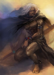 1990s_(style) 1boy armband bracelet cape final_fantasy final_fantasy_iv final_fantasy_iv:_the_after_years golbez jewelry male_focus man_in_black moreshan muscular topless_male solo theodor_harvey white_hair