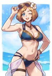 1girl ;d adjusting_eyewear alternate_costume bikini blue_bikini blue_sky borrowed_character breasts brown_hair cleavage cloud commentary commission day english_commentary eyewear_on_head female_kiran_(fire_emblem) fire_emblem fire_emblem_heroes flower gluteal_fold hair_flower hair_ornament hand_on_own_hip highres kiran_(fire_emblem) ko-fi_commission medium_breasts navel nintendo ocean one_eye_closed open_mouth rotomdocs sky smile solo stomach sunglasses swimsuit thigh_strap thighs tongue