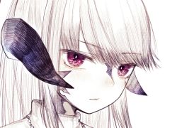 1girl au_ra bad_id bad_twitter_id blush closed_mouth female_focus final_fantasy final_fantasy_xiv hatching_(texture) highres horns long_hair nose_blush portrait purple_eyes riuichi simple_background sketch solo turtleneck upper_body warrior_of_light_(ff14) white_background