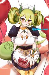 Rule 34 | 1girl, balloon, black dress, blush, box, breasts, collarbone, dragon girl, dragon horns, dragon wings, dress, duel monster, gift, gift box, green hair, green tail, heart, heart balloon, highres, horns, large breasts, long hair, low wings, maid, maid headdress, parlor dragonmaid, parted lips, sitting, smile, solo, tokiwajing, twintails, wings, yu-gi-oh!