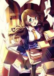 1girl :o artist_name black_shoes black_thighhighs blue_eyes blue_jacket blue_skirt blurry blush book book_stack bookshelf breasts brown_hair buttons carrying collared_shirt day depth_of_field eyebrows female_focus foreshortening glasses glint hair_ribbon high-waist_skirt indoors jacket large_breasts librarian library long_hair looking_at_viewer looking_up low_twintails necktie open_book open_clothes open_jacket open_mouth orange_necktie original paper pleated_skirt red-framed_eyewear ribbon rosuuri semi-rimless_eyewear shirt shoes skirt solo sunlight tareme thighhighs twintails under-rim_eyewear underbust walking watermark web_address white_ribbon white_shirt wing_collar wooden_floor zettai_ryouiki