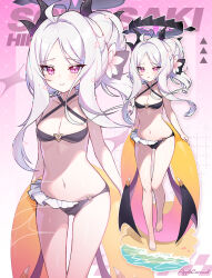 1girl ahoge alternate_costume apple_caramel bare_legs bare_shoulders barefoot bikini black_bikini black_halo blue_archive blush breasts closed_mouth commentary demon_girl demon_horns demon_tail feet frilled_bikini frills full_body groin hair_between_eyes hair_bun hair_ornament halo highres hina_(blue_archive) horns innertube loli long_hair looking_at_viewer low_wings multiple_views navel official_alternate_hairstyle open_mouth parted_bangs parted_lips purple_eyes small_breasts smile solo standing stomach swim_ring swimsuit tail thighs toes very_long_hair white_hair wings yellow_innertube