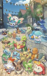 absurdres blue_sky building bulbasaur charmander chespin chikorita chimchar closed_eyes creatures_(company) cyndaquil eevee european_architecture fennekin fountain froakie fuecoco game_freak gen_1_pokemon gen_2_pokemon gen_3_pokemon gen_4_pokemon gen_5_pokemon gen_6_pokemon gen_7_pokemon gen_8_pokemon grookey highres litten mudkip nintendo no_humans nullma open_mouth oshawott outdoors pikachu piplup pokemon pokemon_(creature) popplio quaxly rowlet scorbunny sky snivy sobble sprigatito squirtle starter_pokemon_trio tepig torchic totodile town treecko water