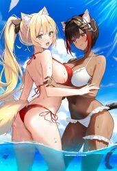 2girls animal_ears arched_back ass back bare_arms bare_shoulders bikini black_hair blonde_hair blush bow breast_press breasts brown_hair cat_ears cat_girl cat_tail cleavage contrapposto cowboy_shot dark-skinned_female dark_skin dog_ears dog_girl dog_tail frilled_bikini frilled_thigh_strap frills from_behind grabbing_another&#039;s_arm gradient_hair green_eyes hair_bow hair_ornament halterneck highres kana_yukino large_breasts laurel_crown long_hair looking_at_viewer looking_back multicolored_hair multiple_girls navel open_mouth original outdoors ponytail red_bikini red_eyes red_hair short_hair side-tie_bikini_bottom smile standing strap_gap string_bikini swimsuit symmetrical_docking tail thigh_strap thighs wading wet white_bikini yuri