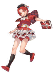 1girl alto_(luminous_arc) bass_clef beamed_quavers black_socks book capelet crotchet_rest female_focus flat_sign full_body hat holding kippu kneehighs layered_skirt luminous_arc luminous_arc_infinity musical_note musical_note_print official_art open_mouth plaid quaver_rest red_hair red_shoes red_theme shoes shorts simple_background skirt smile socks solo white_background