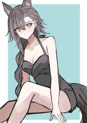 1girl absurdres animal_ears aqua_background arknights bare_shoulders black_dress border breasts brown_hair cleavage closed_mouth collarbone commentary_request dress earrings expressionless hair_between_eyes halter_dress halterneck highres jewelry long_hair looking_at_viewer medium_breasts mole mole_above_eye outside_border penance_(arknights) simple_background sketch solo tail udo_(akn_otk) white_border yellow_eyes