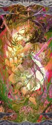 1girl anklet barefoot black_hair chain green_eyes jewelry long_sleeves original solo soshi1234 sword weapon