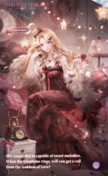 1girl antique_phone aphrodia_(shining_nikki) artist_request bare_shoulders bird blonde_hair blue_eyes bow card_(medium) carpet closed_mouth commentary couch crescent crimson_lovesong_(shining_nikki) dark drawer dress earrings english_commentary english_text eyelashes fireplace flamingo full_body fur-trimmed_dress fur_shawl fur_trim hair_bow hair_ornament hairclip happy highres holding holding_phone indoors jewelry lamp light_particles lipstick living_room logo long_dress long_hair looking_at_viewer makeup necklace nikki_(series) official_art on_couch pantyhose phone pink_lips playing_with_own_hair red_bow red_dress red_pantyhose red_ribbon red_shoes ribbon second-party_source shawl shining_nikki shoes sitting sleeveless sleeveless_dress smile solo spaghetti_strap star_(symbol) string_of_light_bulbs talking_on_phone very_long_hair wavy_hair white_shawl