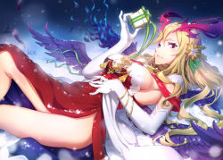 10s 1girl blonde_hair box breasts dress elbow_gloves feathered_wings female_focus flower gift gift_box gloves hair_flower hair_ornament highres holding holding_box kamome_yuu large_breasts long_hair looking_at_viewer lying monster_strike on_back outdoors purple_wings red_dress red_eyes sideboob sleeveless sleeveless_dress snow snowing solo strapless strapless_dress very_long_hair white_gloves wings yellow_flower
