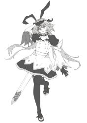 1boy absurdres animal_ears astolfo_(fate) astolfo_(saber)_(fate) astolfo_(saber)_(third_ascension)_(fate) black_bow black_thighhighs bow crossdressing fake_animal_ears fate/apocrypha fate/grand_order fate_(series) gloves greyscale hair_bow hair_intakes highres just_we long_hair monochrome multiple_hair_bows rabbit_ears salute scabbard sheath shoes single_hair_streak solo solo_focus sword thighhighs trap twintails very_long_hair weapon white_background