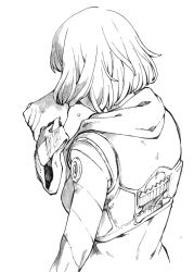 1girl arms_(game) beanie bob_cut from_behind hat holding holding_unworn_clothes kakiyakee_(k_key_5) min_min_(arms) monochrome short_hair solo unworn_headwear