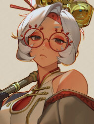 Rule 34 | 1girl, :/, bare shoulders, black gloves, blush, breasts, check copyright, closed mouth, copyright request, eyeshadow, glasses, gloves, hair bun, hair ornament, hair stick, headband, large breasts, lips, looking at viewer, makeup, mimme (haenakk7), nintendo, purah, red-framed eyewear, red eyes, red eyeshadow, red headband, round eyewear, sheikah, shirt, solo, the legend of zelda, updo, upper body, white background, white hair