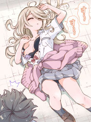 1girl ^^^ black_bra black_panties bow bowtie bra breasts cleavage closed_eyes clothes_around_waist collarbone collared_shirt commentary_request floor from_above fukaku-tei grey_skirt hair_between_eyes hands_up highres knee_up long_hair long_hair_between_eyes lying make_heroine_ga_oo_sugiru! medium_breasts nipple_slip nipples on_back on_floor open_clothes open_shirt panties pantyshot pink_bow pink_bowtie pink_sweater pleated_skirt purple_bow purple_bowtie school_uniform shikiya_yumeko shirt short_sleeves skirt solo_focus speech_bubble summer_uniform sweat sweater sweater_around_waist translation_request tsuwabuki_high_school_uniform underwear white_shirt