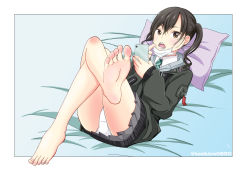 1girl barefoot black_hair blush brown_eyes feet female_focus highres idolmaster idolmaster_cinderella_girls leafar long_hair mask mole panties pillow sharp_teeth soles solo sunazuka_akira teeth toes underwear white_panties