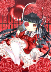 1girl absurdres black_gloves black_hair blunt_bangs bonnet button_eyes buttons candlestand crescent_moon cross_hair_ornament dress fence flower gloves gothic_lolita hair_flower hair_ornament highres hime_cut holding_candlestand lolita_fashion long_hair marker_(medium) moon pantyhose red_bonnet red_dress red_flower red_footwear red_moon red_sky red_theme sakakibara_yone sitting sky traditional_media very_long_hair white_pantyhose