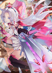 1girl absurdres black_gloves boots bow breasts carlotta_(wuthering_waves) chigusa7h commentary dress earrings flower foreshortening gloves gun hair_bow highres holding holding_gun holding_weapon jacket jewelry knee_boots long_hair looking_at_viewer medium_breasts parted_bangs parted_lips pink_bow pink_jacket pink_thighhighs red_flower red_rose rifle rose sitting solo striped_bow thighhighs thighhighs_under_boots thighs very_long_hair wariza weapon white_dress white_hair wuthering_waves