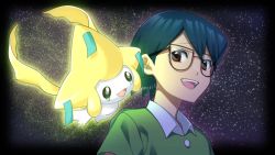 1boy :d black-framed_eyewear black_border border brown_eyes commentary_request gen_3_pokemon glasses green_shirt highres jirachi legendary_pokemon male_focus max_(pokemon) mythical_pokemon nagiru night nintendo open_mouth outdoors pokemon pokemon:_jirachi:_wish_maker pokemon_(anime) pokemon_(creature) pokemon_rse_(anime) shirt short_hair short_sleeves smile star_(sky) teeth tongue upper_body upper_teeth_only