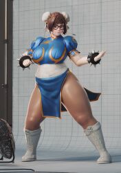 1girl 3d absurdres black-framed_eyewear blue_nails boots bracelet breasts brown_eyes brown_hair bun_cover capcom china_dress chinese_clothes chun-li chun-li_(cosplay) closed_mouth commentary cosplay double_bun dress electric_fan english_commentary fighting_stance fugtrup glasses hair_bun highres huge_breasts jewelry large_breasts mei_(overwatch) nail_polish overwatch pantyhose pelvic_curtain plump protected_link puffy_short_sleeves puffy_sleeves short_sleeves solo spiked_bracelet spikes standing street_fighter thick_thighs thighs white_boots