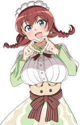 Rule 34 | 1girl, 4-finger heart hands, :d, absurdres, blue eyes, braid, breasts, brown hair, collared shirt, commentary, contrast collar, costume request, cowboy shot, earrings, emma verde, freckles, heart, heart hands, highres, jewelry, large breasts, layered sleeves, long hair, long sleeves, love live!, love live! nijigasaki high school idol club, low twin braids, official alternate costume, open mouth, shirt, short over long sleeves, short sleeves, smile, solo, twin braids, uchuu no mozuku, white shirt